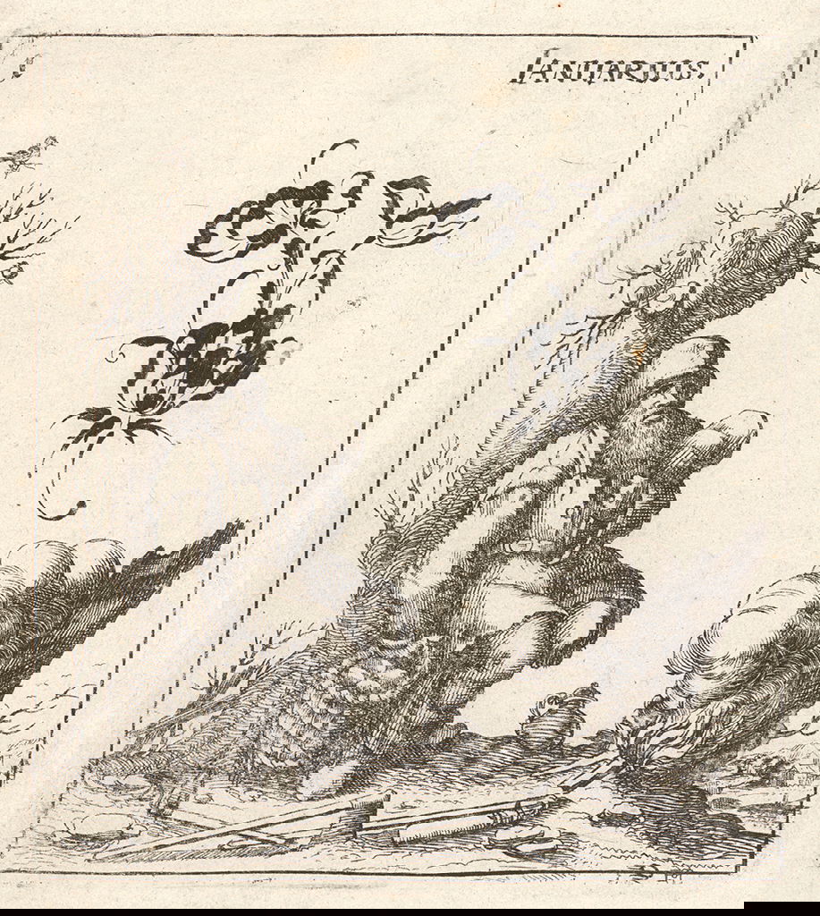 blackwork print of allegorical figure leaning on tree