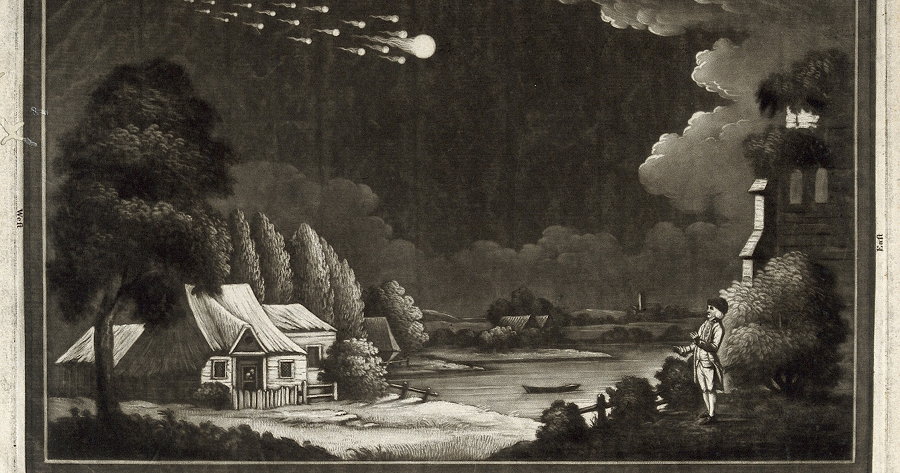 Astronomy: a meteor shower in the night sky. Mezzotint, after 1783 (1783)