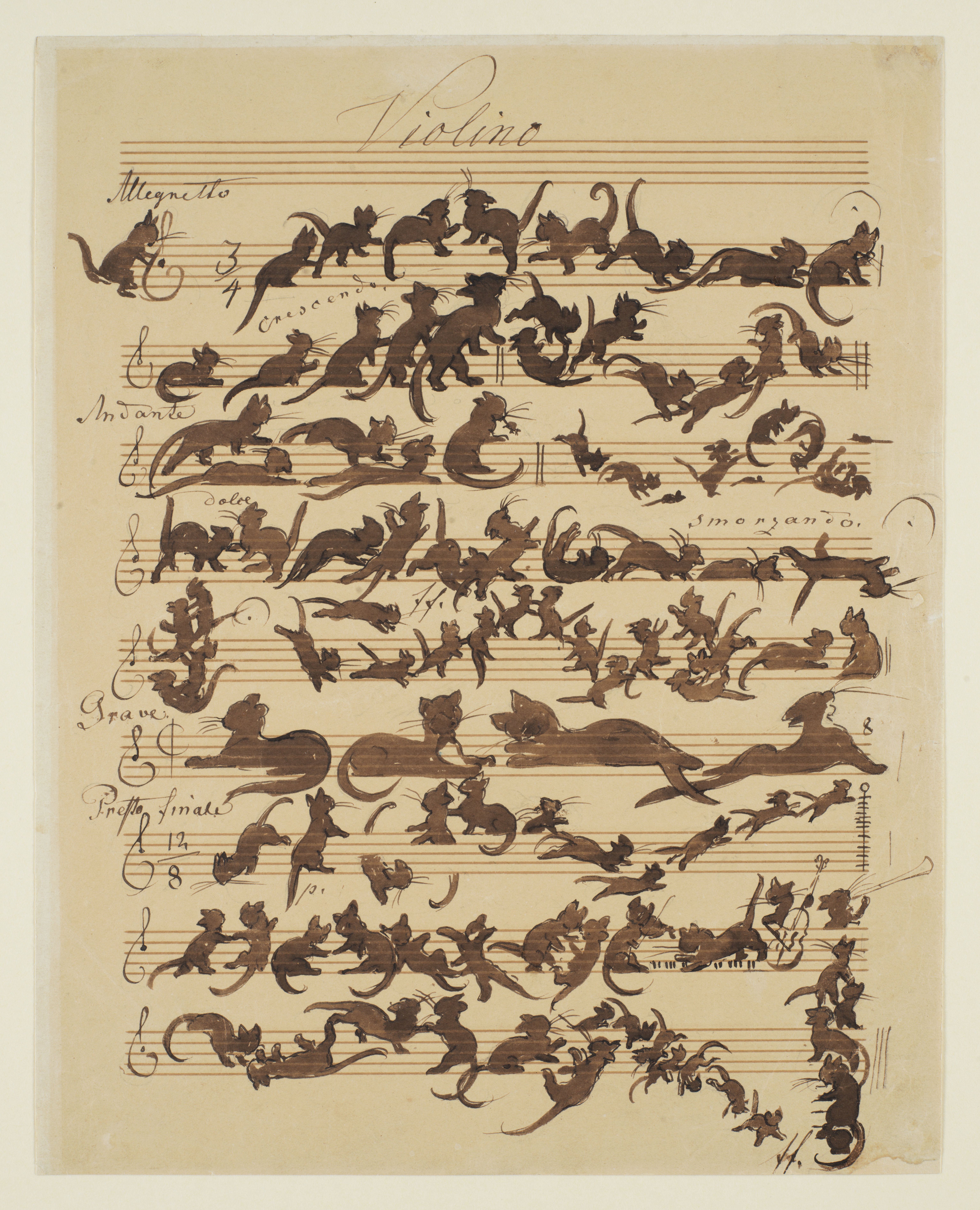 Sheet music whose notes have been replaced by rambunctious cats