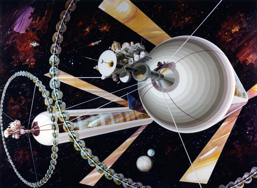 A digitally painted space habitat concept showing a large cylindrical rotating colony with solar panels, tethered to smaller spacecraft and orbital infrastructure against a starfield with nebulae in deep space.