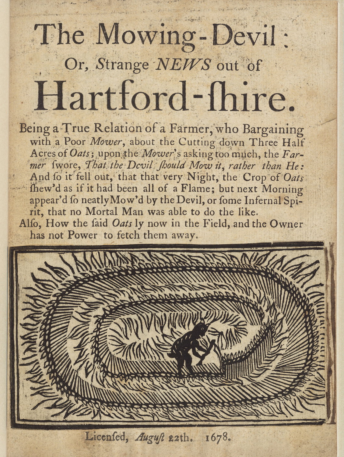Pamphlet featuring woodcut image of a devil mowing crops