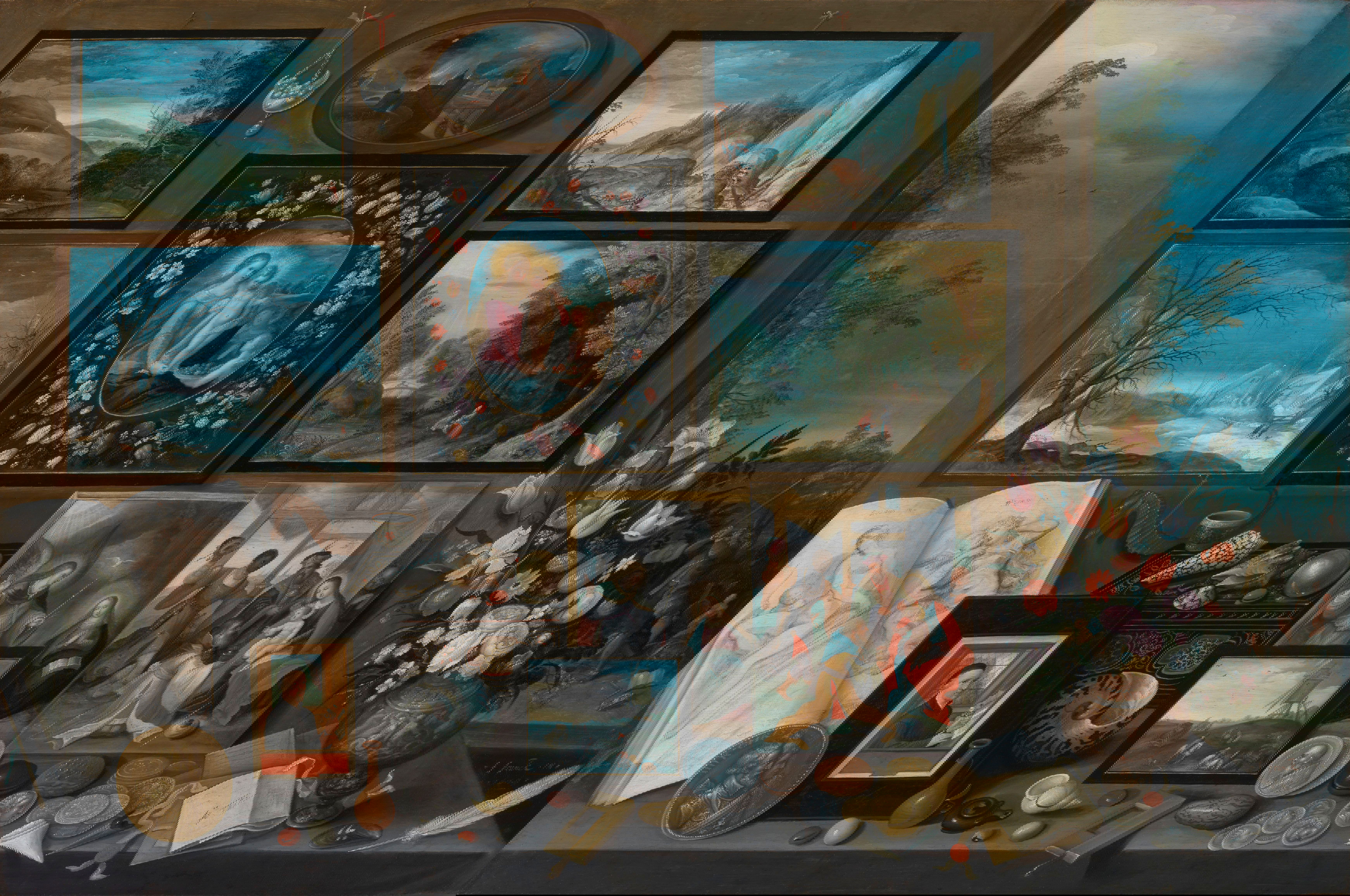 Gallery painting showing a wall of framed artworks including landscapes and religious scenes, with a table below displaying an open sketchbook, nautilus shell, coins, medals, a portrait, and an elaborate flower arrangement in a decorated vase.