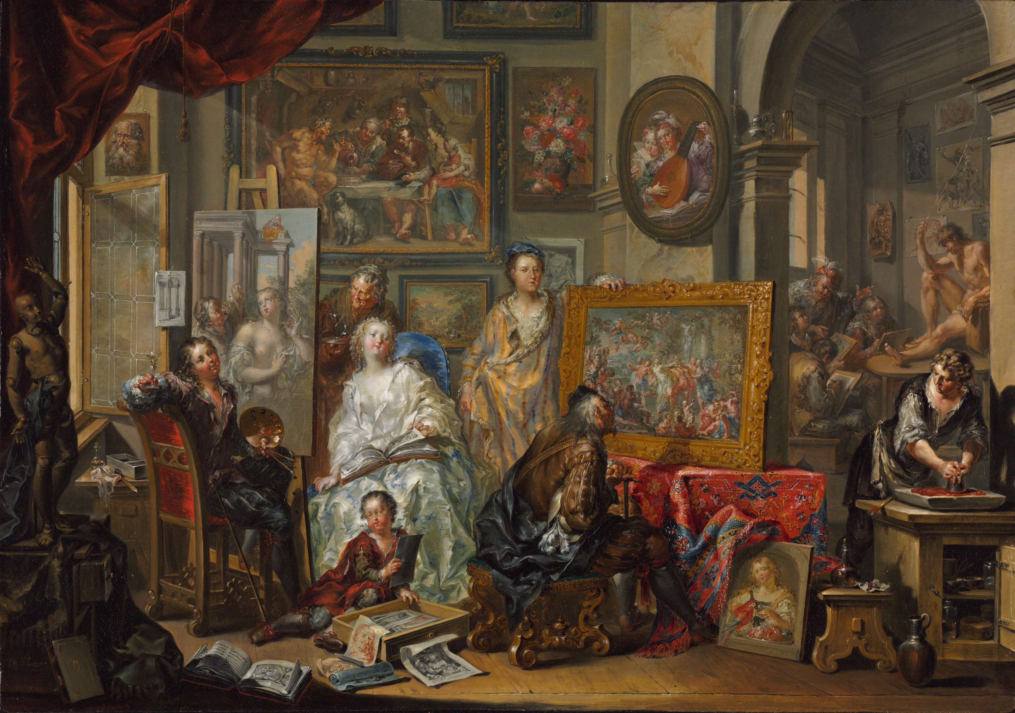 Artist’s studio painting showing elegantly dressed women examining artworks while a painter works at an easel, surrounded by framed paintings, sculptures, open folios, and oriental carpets in an architectural setting with a live model visible through an archway.