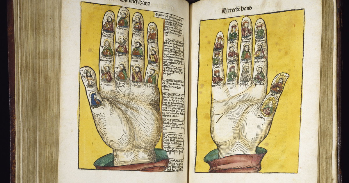 ‘Hands with Busts of Apostles, Saints, Mary, and Christ’ from Schatzbehalter der wahren Reichtumer des Heils (1491)