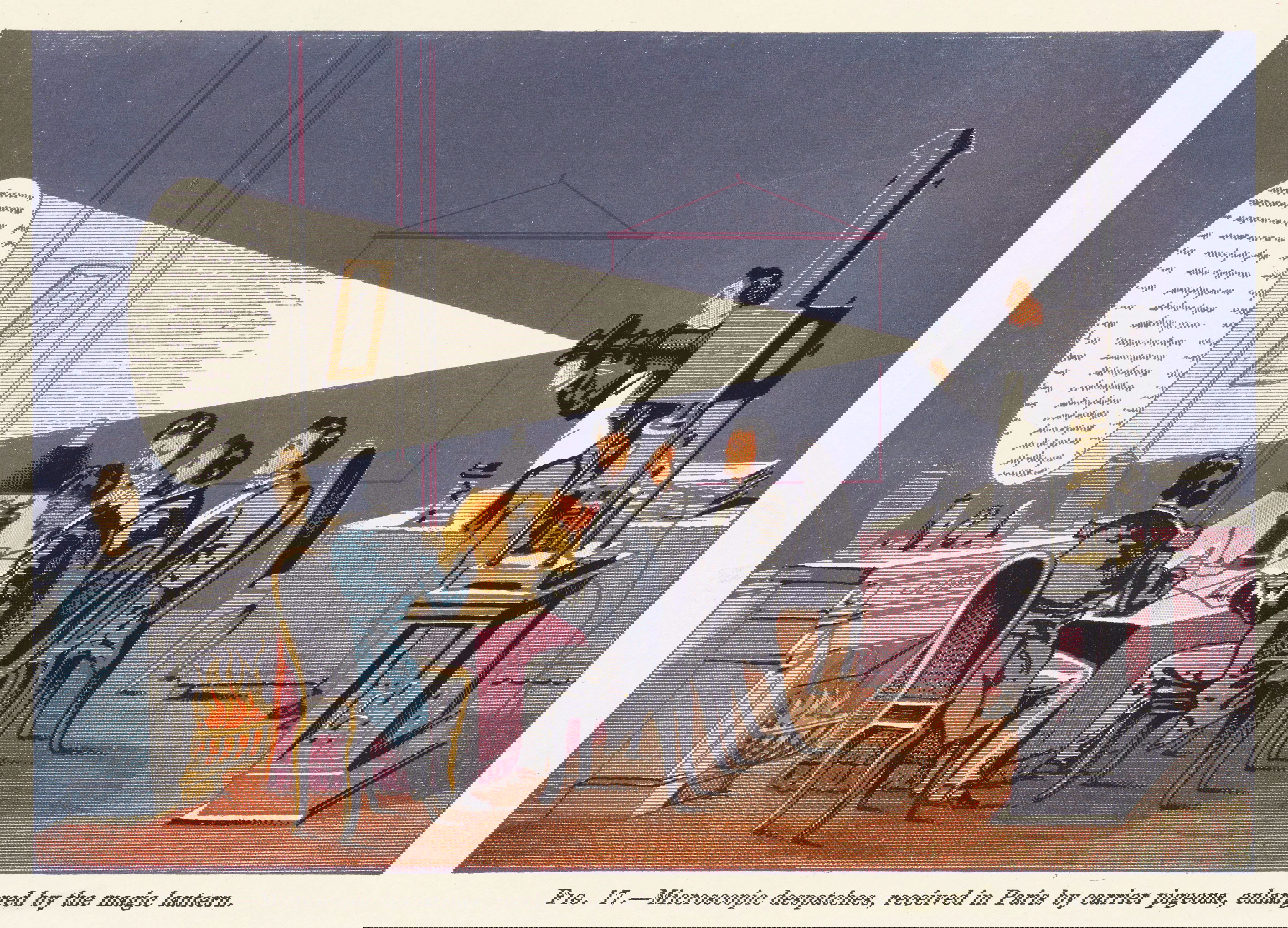 Illustration showing people viewing enlarged microscopic dispatches projected by magic lantern, with an operator displaying pigeon-carried messages received in Paris.