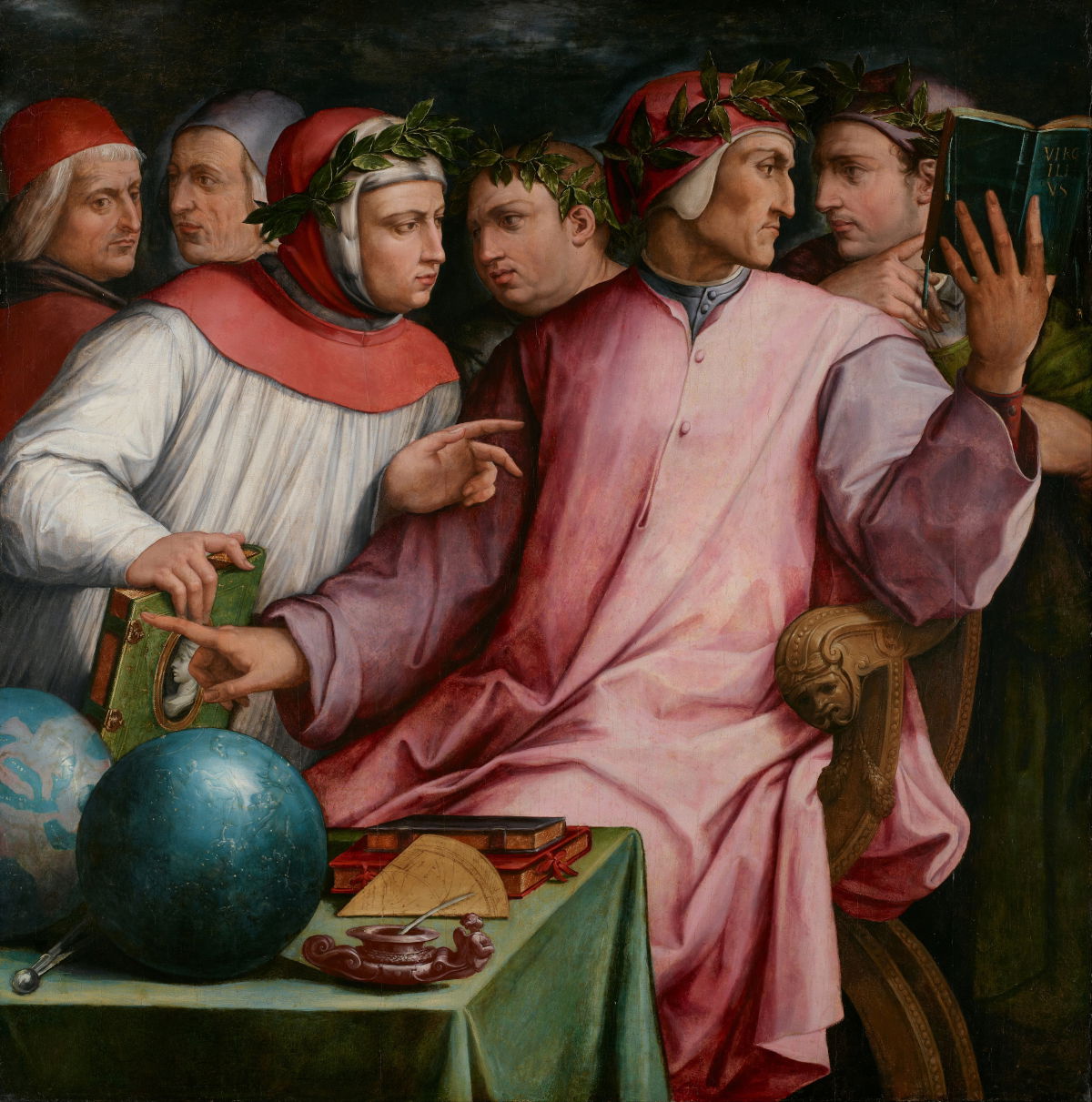 Group portrait of six scholarly figures in flowing robes and headdresses, with two wearing laurel wreaths, gathered around a table bearing books, writing implements, and a blue globe against a dark background.