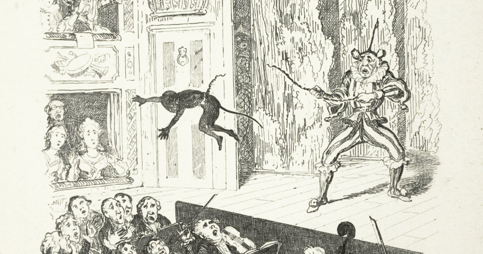 ‘A Young Joseph Grimaldi, Dressed as a Monkey, Getting Propelled into the Audience’ by George Cruikshank from Memoirs (1853)